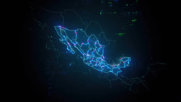 istock Map of Mexico on dark digital background representing global communication and global finances 2170816559