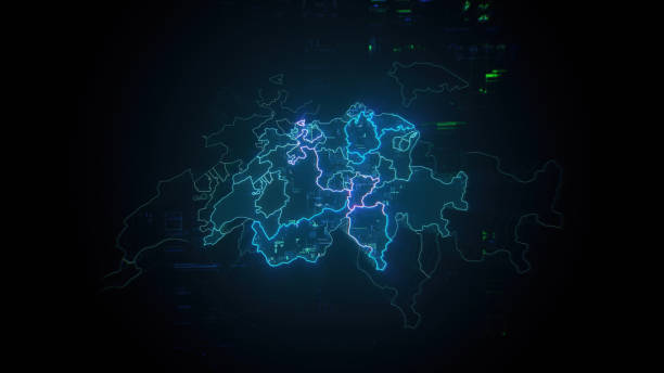 istock Map of Switzerland on dark digital background representing global communication and global finances 2170816623