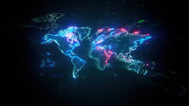 World map on dark digital background representing global communication and global finances