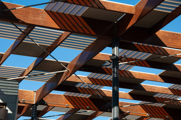 istock Sunlight shining through wooden beams and translucent panels creates captivating geometric patterns in modern building blending with nature 2170820024