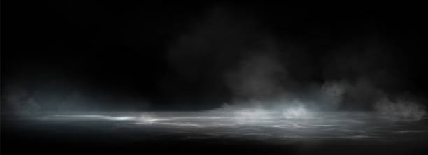 Water surface with magic glow and smoke on top. Water surface with magic neon glow from inside and smoke on top. Mystery dark background with spooky white light from underwater and fog. Realistic 3d night vector illustration with flare and steam. water on black surface stock illustrations