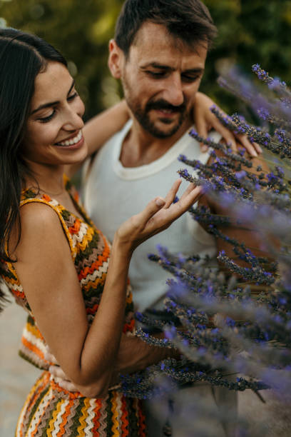 Young couple hugging on lavender field