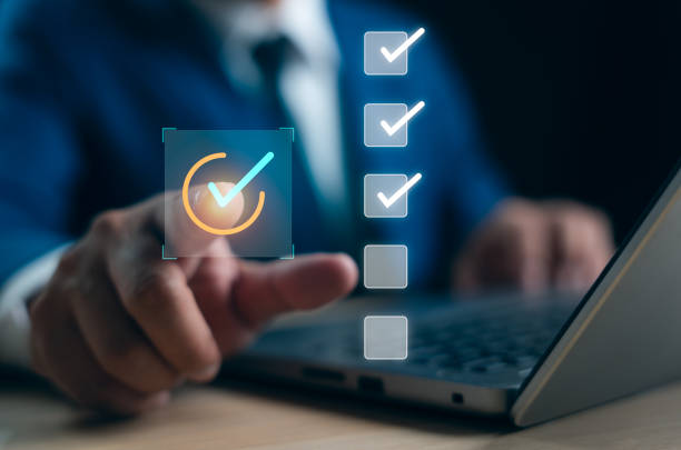 istock Businessman touching hand select online check survey filling out, digital form checklist satisfaction questionnaire and feedback report result of voting client. Business performance monitoring concept. 2170828470