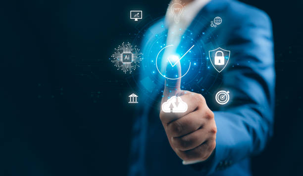 istock Businessman with guarantee check for client service. Client service and guarantee checkmark in business automation, quality management, online shopping, business automation, and financial ecosystem. 2170828498