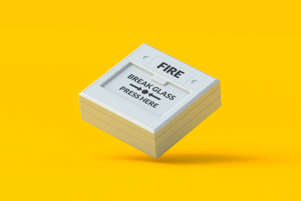 Falling fire alarm on orange background. Emergency call button for school, office or factory. Warning system equipment. Urgent care. 3d render
