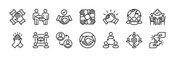 illustrations, cliparts, dessins animés et icônes de ensemble d’icônes de ligne mince de collaboration d’entreprise réussie. contenant le travail d’équipe, la coopération, le travail d’équipe ensemble, l’accord, la poignée de main, le soutien, l’aide, les personnes du groupe, le partenariat - coopération