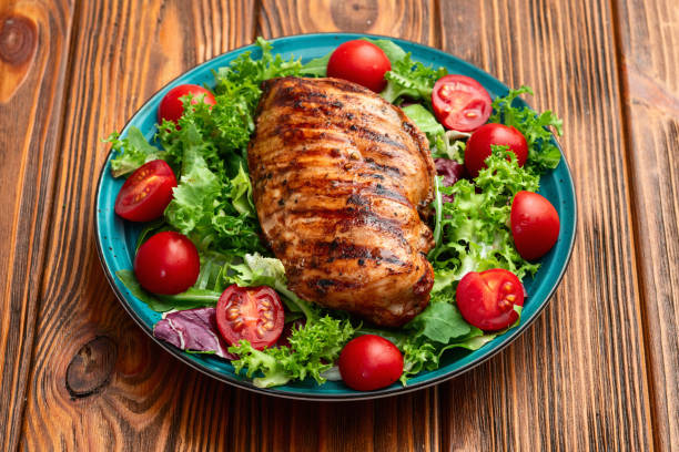 istock Grilled chicken breast ( fillet ) with lattuce salad and cherry tomatoes . Top view 2170833625