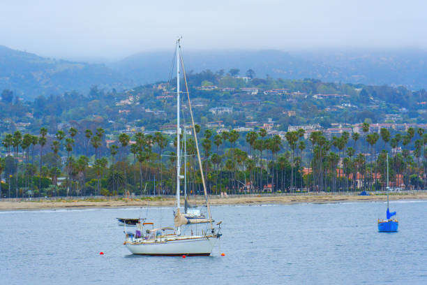 Santa Barbara, California - April 20, 2024: Sailboat anchored in calm waters of Santa Barbara Harbor, surrounded by palm trees and scenic hills in the background