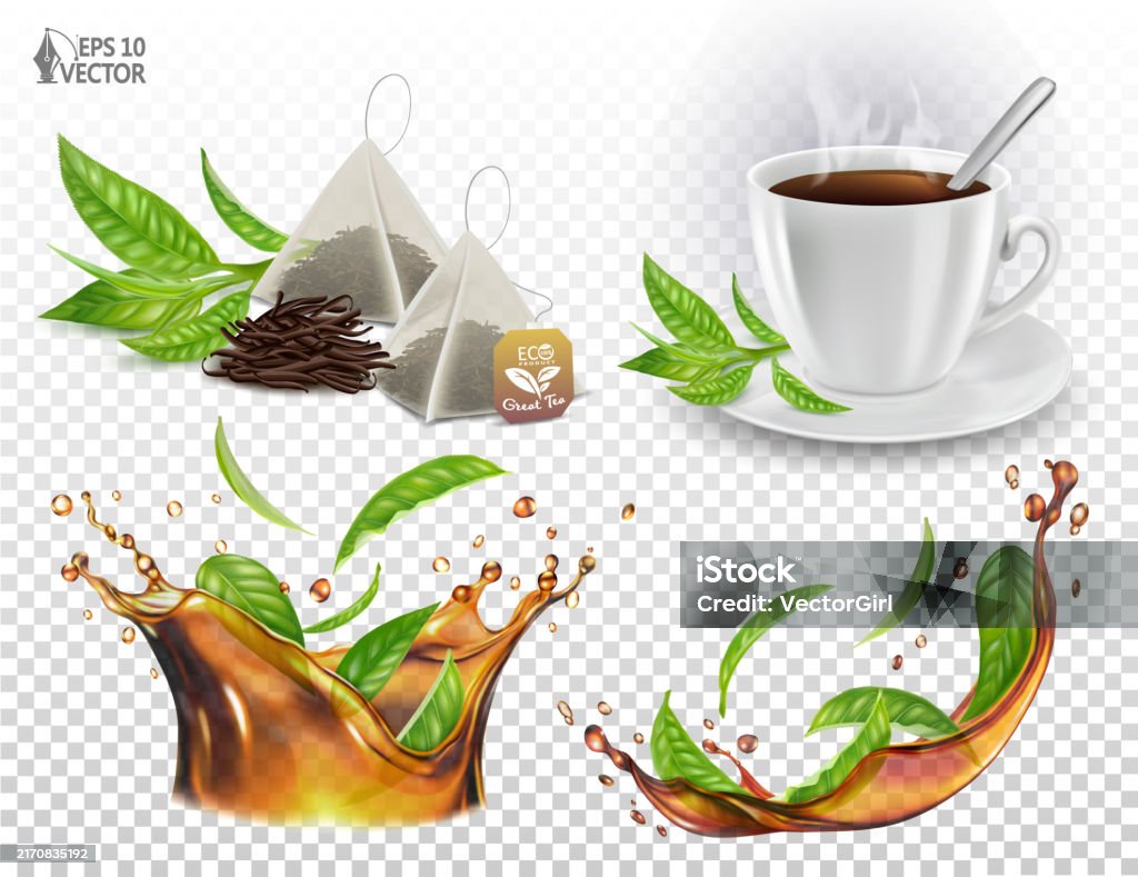 Splasing Tea Graphics Natural Organic Tea Set Realistic Transparent Vector Tea Splash With ...