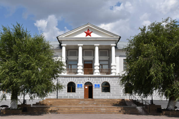Neoclassical building with a Soviet Red star at the Karaganda Gulag