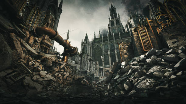 istock Apocalyptic Urban Landscape with Ruined Gothic Architecture 2170838465