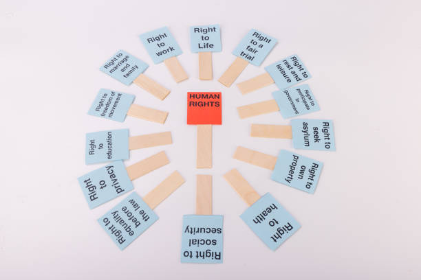 A vivid display of light blue human rights posters encircling a central red poster with 'Human Rights' in red letters, against a clean white background.