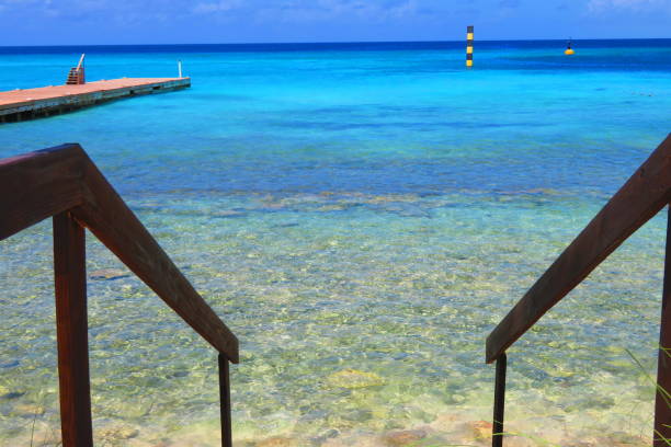 A staircase into the blue waters of the Caribbean Sea