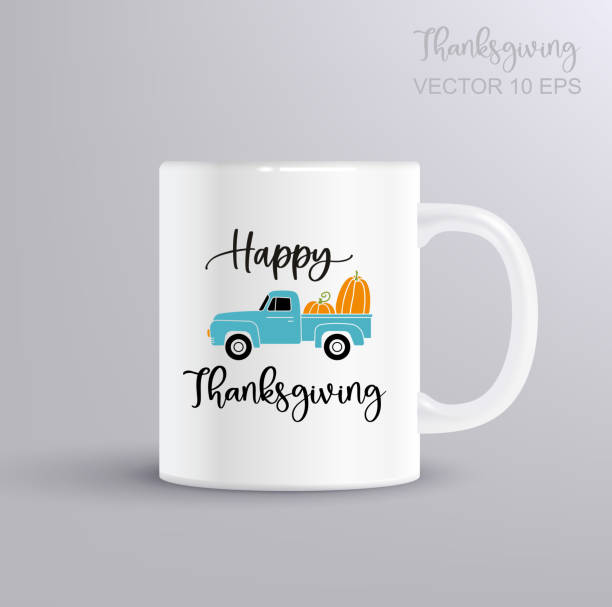 Fall truck with pumpkins. Thanksgiving day concept with mug mockup, with the inscription Happy Thanksgiving Fall retro truck with pumpkins. Autumn farm pickup. Vector template for Thanksgiving card, banner, poster, with the inscription Happy Thanksgiving. Thanksgiving day concept with mug mockup free thanksgiving pic stock illustrations