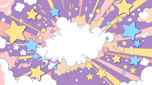 stockillustraties, clipart, cartoons en iconen met a cute and pop comic art-style frame with exploding stars, clouds, and speech bubbles. an illustration with a purple background and copy space. - schattig