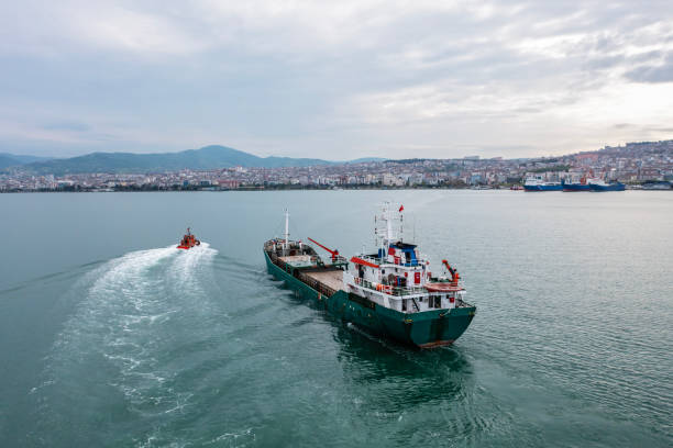 istock Aerial view of general cargo ship approaching port. 2170848462
