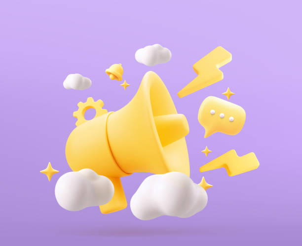 istock Megaphone with clouds, Bubble speech and stars. Marketing or advertising concept, 3d yellow megaphone. Realistic vector illustration 2170848962