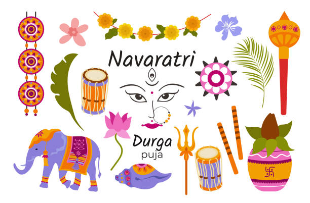 Happy Navratri set icons. Happy Navratri set icons. Colorful flat-style elements for an Indian festival on a white background puja set stock illustrations