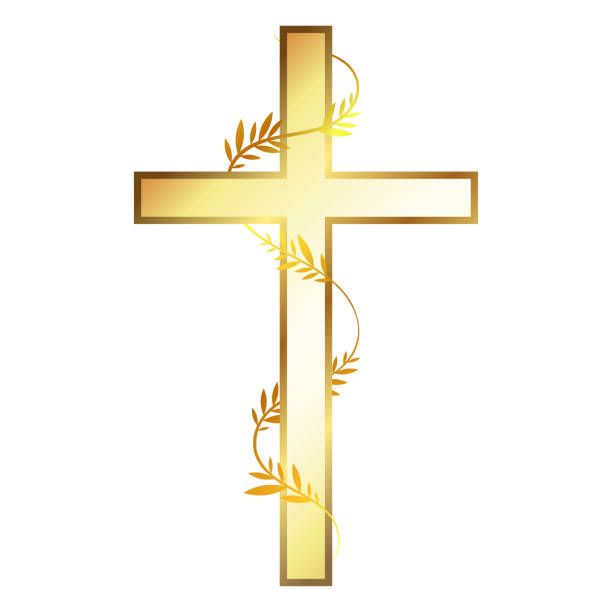 istock Golden Christian cross with curling branch and leaves 2170859095