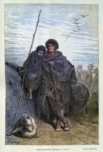 History of Spain, Basque shepherd or cattle herder with his son and dog, Alava, Gustave Dore,, 19th Century Vintage illustration
