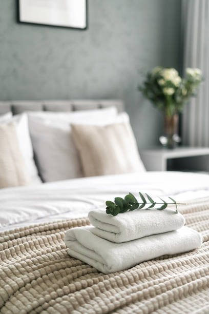 istock Green eucalyptus plant on white towels neatly folded on a hotel bed 2170859817