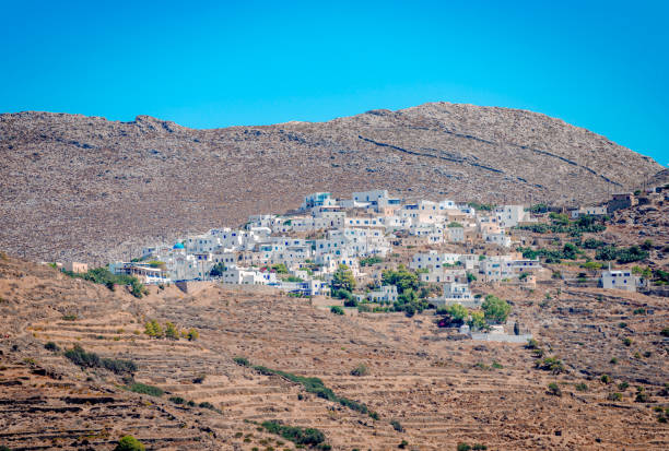 View of Tholaria, a mountainous village in Amorgos Island, Cyclades, Greece. Traditional whitewashed houses.