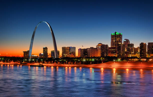 Saint Louis Skyline With Arch And River At Dusk, Backlit