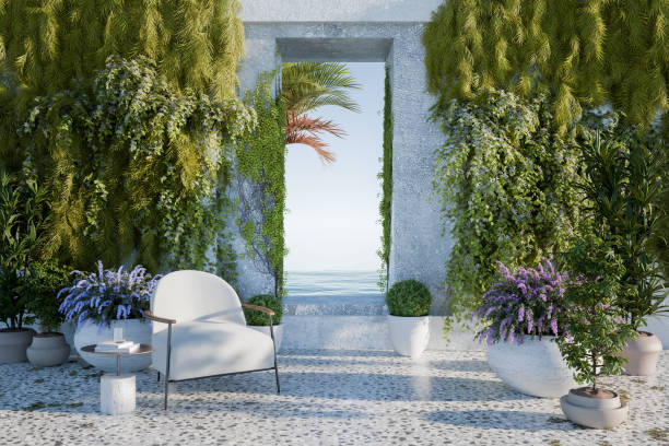 istock Beach patio with armchair and potted plants 2170866373