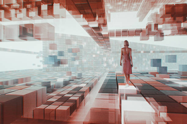 istock Young woman walking in VR environment 2170866531