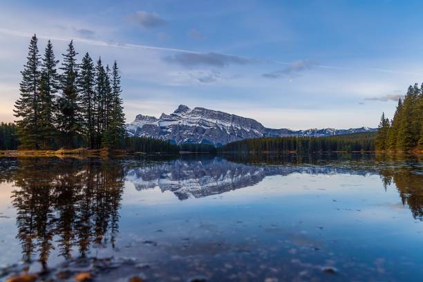 istock Panoramic Reflections On Still Water At A Banff Lake 2170870400