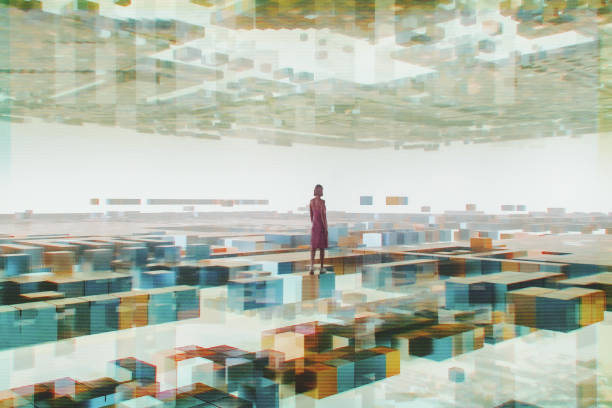 istock Young woman walking in VR environment 2170876345