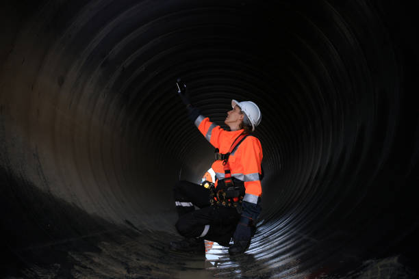 A female construction engineer with a reflective safety jacket inspects inside the huge tube, infrastructure construction  of the tunnel