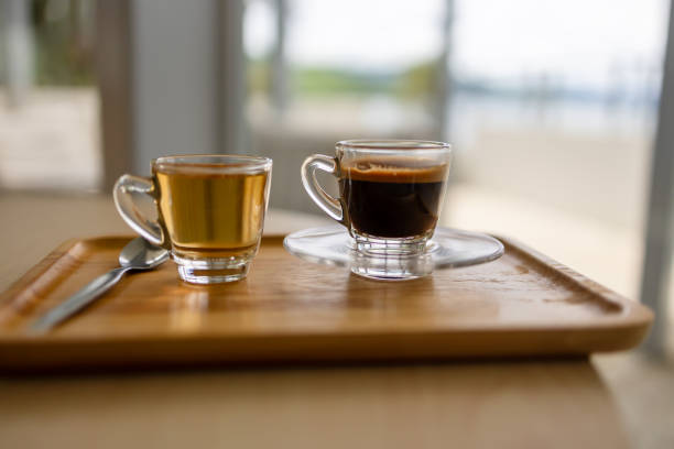 Hot espresso coffee in coffee shop.