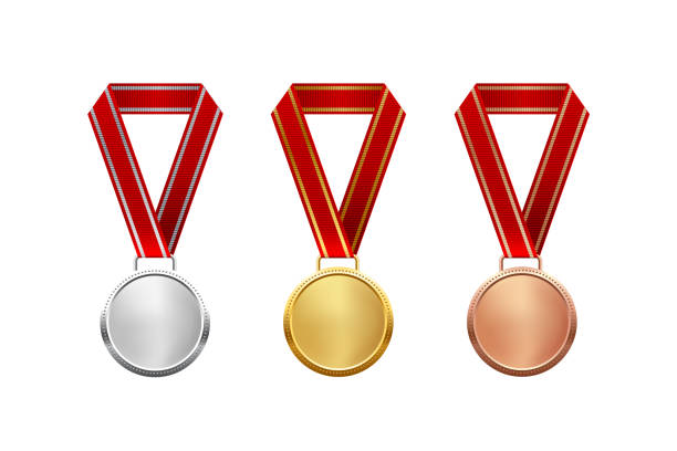 istock Gold, silver, bronze medals with red ribbon set vector illustration. Realistic isolated trophy medal collection with metal reward badges for winners and champions 2170887228
