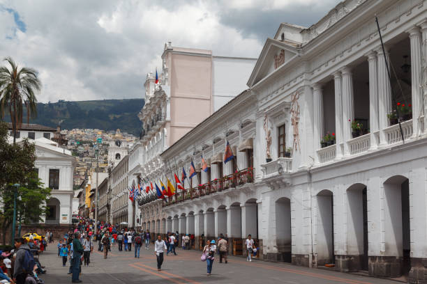 Detail of the facade of a typical Historical building in Plaza da Independencia (Indpendencia plaza) in downtown Quito, Ecuador.