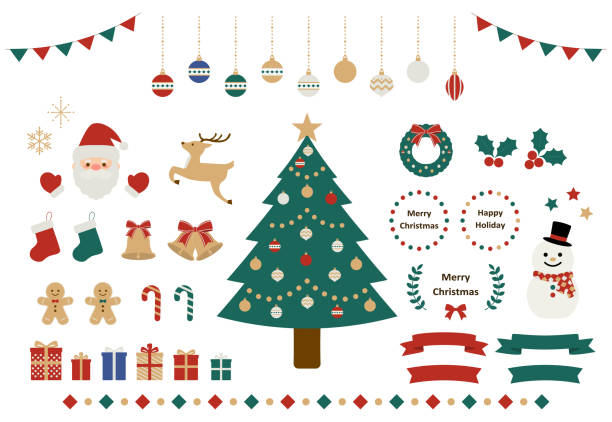 Cute Christmas vector illustration set. Icon, frame, background, decoration. Simple and cute Christmas illustration set. Santa Claus, Christmas tree, snow, ribbon, ornament. christmas decoration stock illustrations