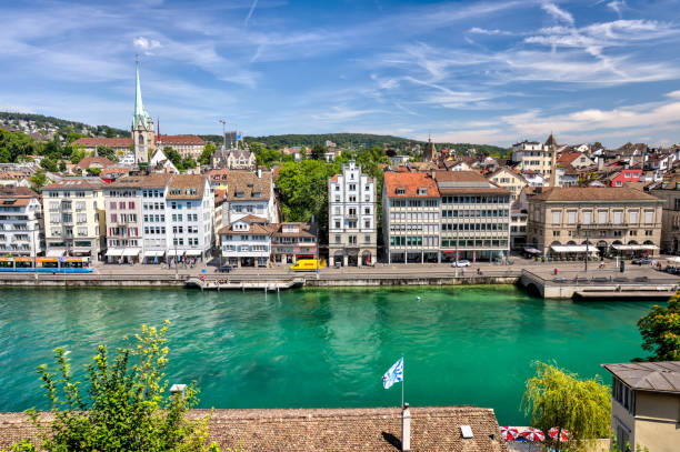 Zurich, Switzerland - July 26, 2024: People taking in the views from a viewpoint overlooking Zurich Switzerland