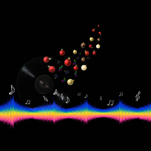 Christmas music LP record with multicolored sound equalizer wave line and flying musical notes against black background.