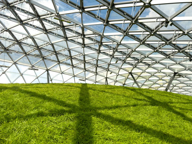 Darmstadt, Germany - June 5, 2025: Contemporary design of Darmstadtium in Darmstadt, Germany, featuring large glass panels reflecting surrounding greenery and urban architecture.