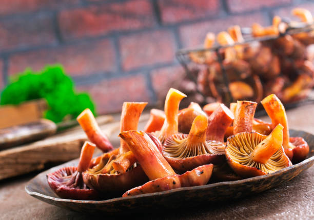edible mushroom in metal bowl on a table
