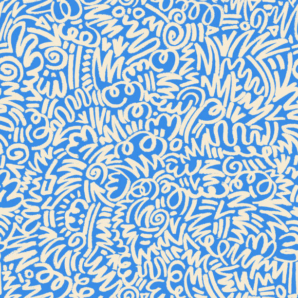Seamless blue and white scribbles background Seamless white scribbles and fun paint swirl patterns on blue background vintage background wallpaper in retro style pictures stock illustrations
