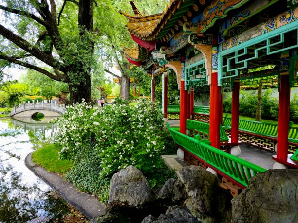 The Chinese Garden is a Chinese garden in the Swiss city of Zürich. It is a gift from Zürich's Chinese partner town Kunming, dedicated to the Three Friends of Winter. The image shoes the carden with a beautiful pond, captured during summer season.
