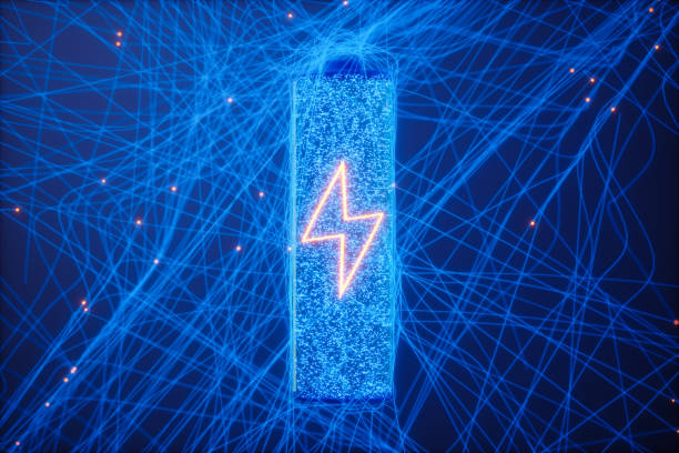 Battery With Neon Lightning Symbol And Plexus Background
