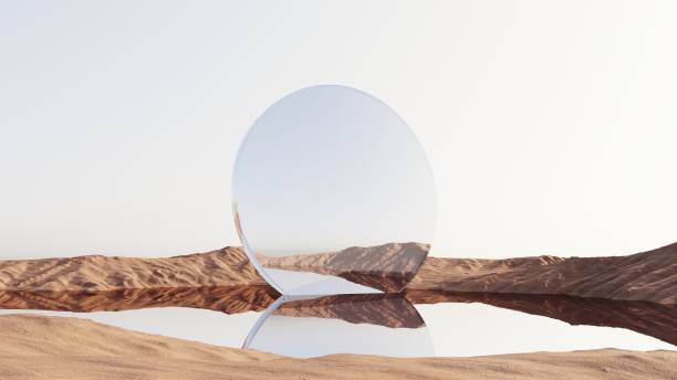 istock Abstract desert landscape with 3D rendering of mirrored objects and sand dunes. Picturesque, uncluttered desert scene with creative, surreal aesthetics for advertising 2170928422