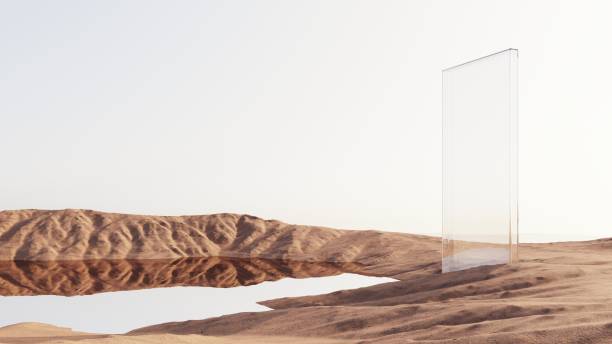 istock Abstract desert landscape with 3D rendering of mirrored objects and sand dunes. Picturesque, uncluttered desert scene with creative, surreal aesthetics for advertising 2170928426