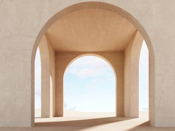 istock Modern minimalistic interior with a view of the sand dunes - 3d render. Simple background with a podium, showcase  for advertising and presentations. Aesthetic architecture of the building space. 2170928477