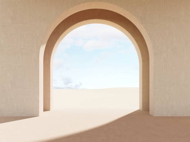 istock Modern minimalistic interior with a view of the sand dunes - 3d render. Simple background with a podium, showcase  for advertising and presentations. Aesthetic architecture of the building space. 2170928482