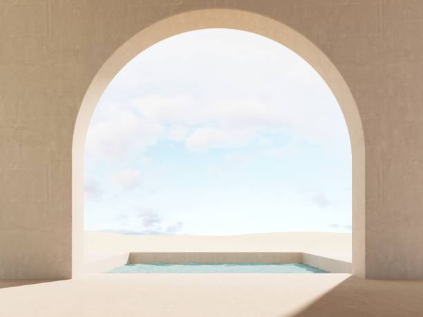 istock Modern minimalistic interior with a view of the sand dunes - 3d render. Simple background with a podium, showcase  for advertising and presentations. Aesthetic architecture of the building space. 2170928483