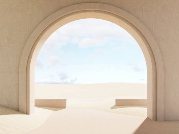 istock Modern minimalistic interior with a view of the sand dunes - 3d render. Simple background with a podium, showcase  for advertising and presentations. Aesthetic architecture of the building space. 2170928487