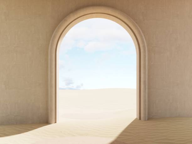 istock Modern minimalistic interior with a view of the sand dunes - 3d render. Simple background with a podium, showcase  for advertising and presentations. Aesthetic architecture of the building space. 2170928493